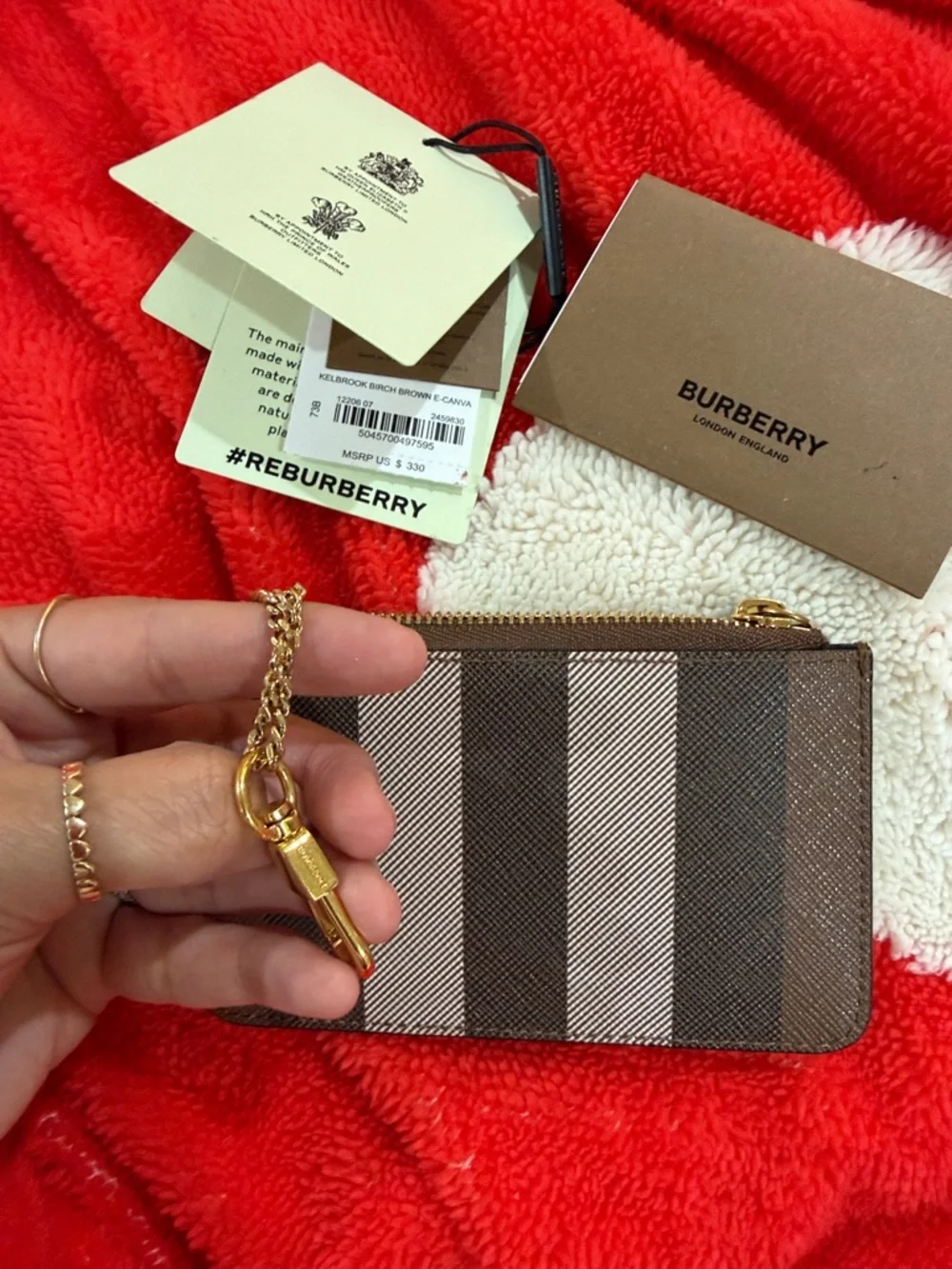 Burberry Brown and Beige Striped Leather Zip Pouch with Gold Hardware - Picture 4 of 5